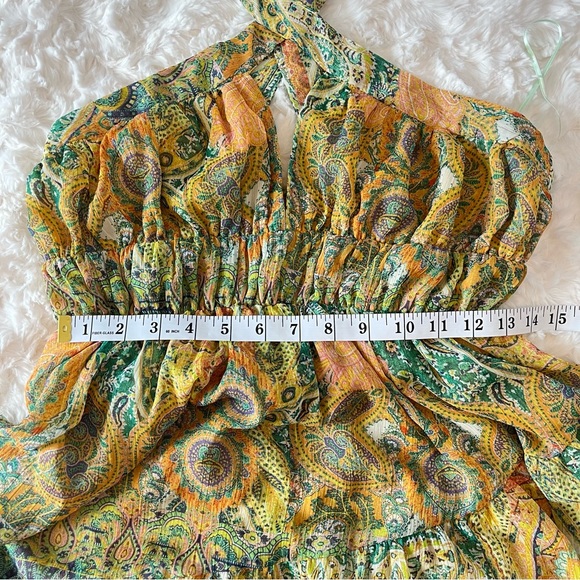 Zara Boho Paisley Maxi Dress Halter Criss-Cross Tiered Sundress green gold small - Picture 9 of 12